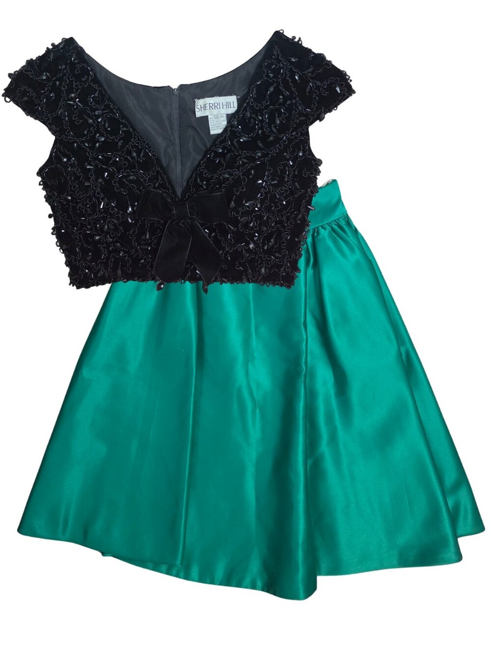 Sherri Hill 2 Piece Dress Size 00 Black Velvet Beaded Bow Green Skirt Homecoming